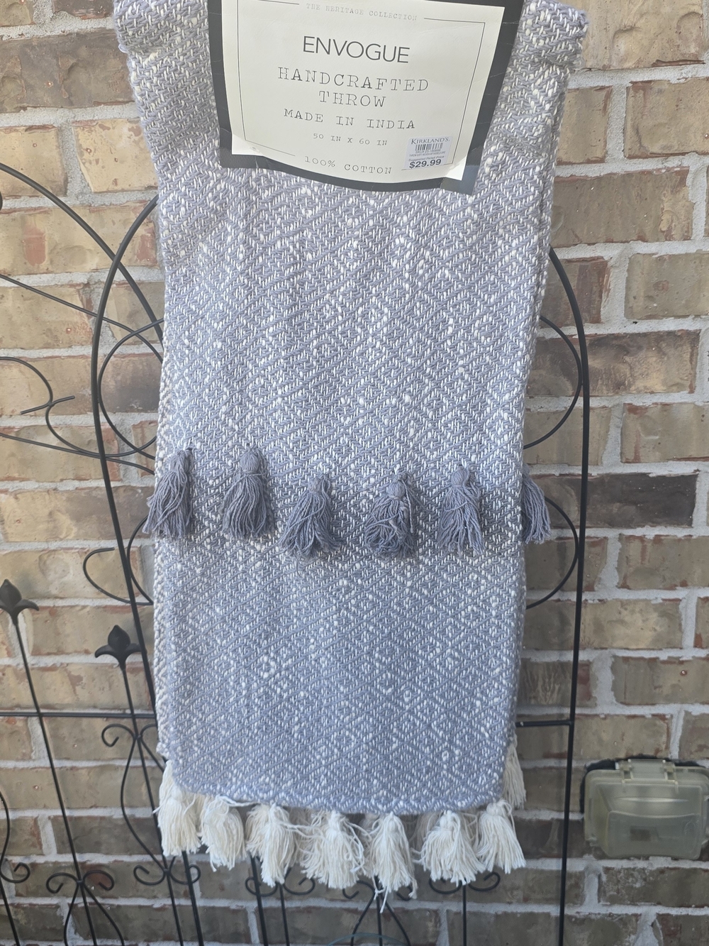 Envogue Handcrafted Cotton Throw in Light Gray with Tassels